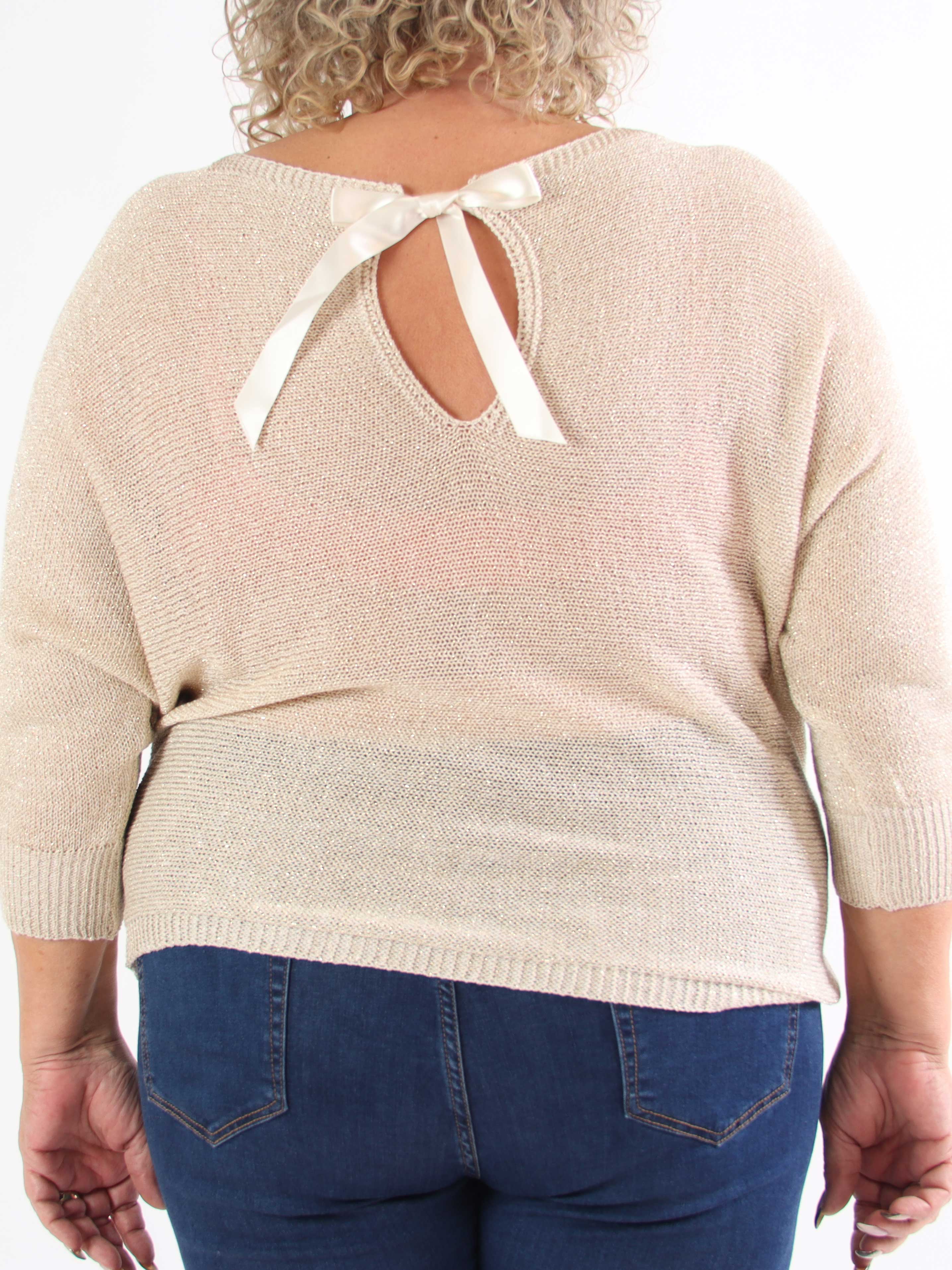 Paulina - Plus size strikbluse med glimmertråde og sløjfe